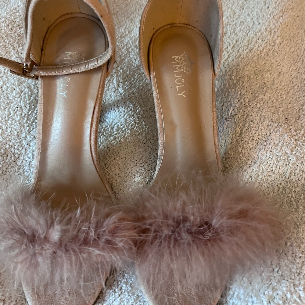 Faux Fur Embellished Heels in Blush by
